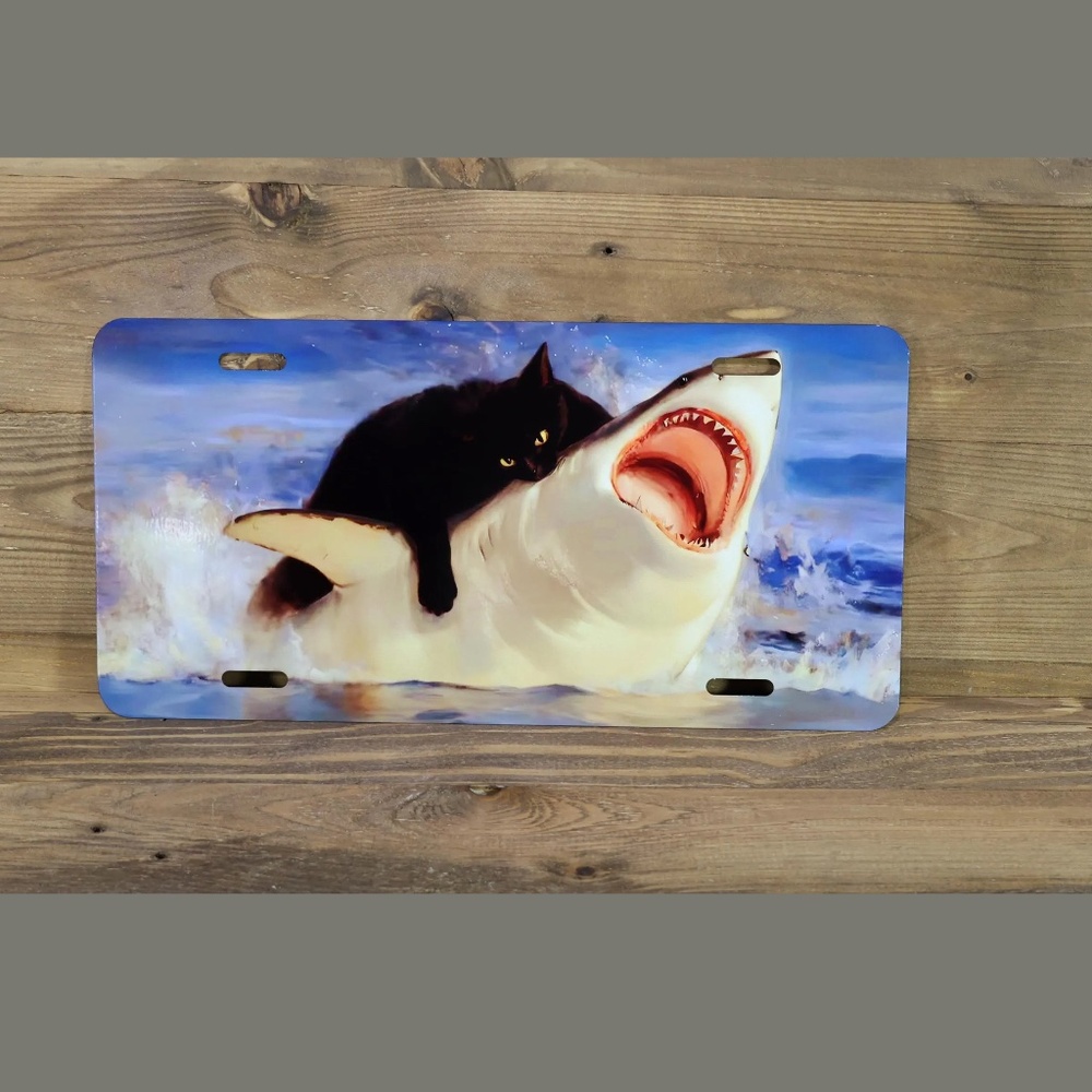 Cat Biting Shark Funny Cat And Shark Car License Plate Auto Tag 6" x 12"